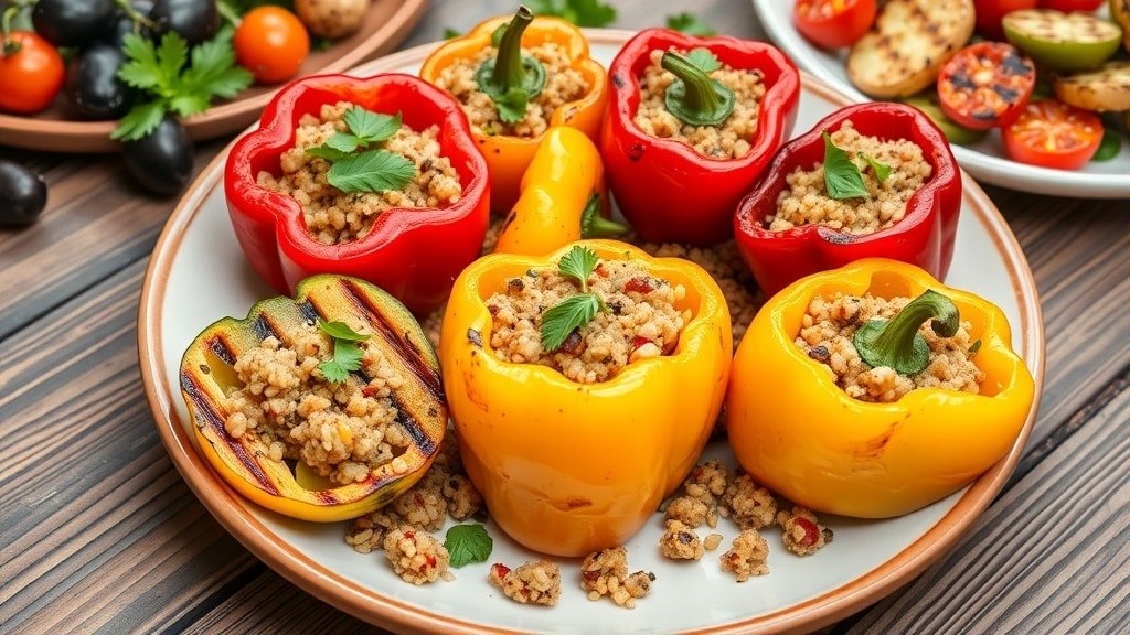 Grilled Mediterranean stuffed peppers filled with quinoa, feta, and olives, served on a plate with grilled vegetables.