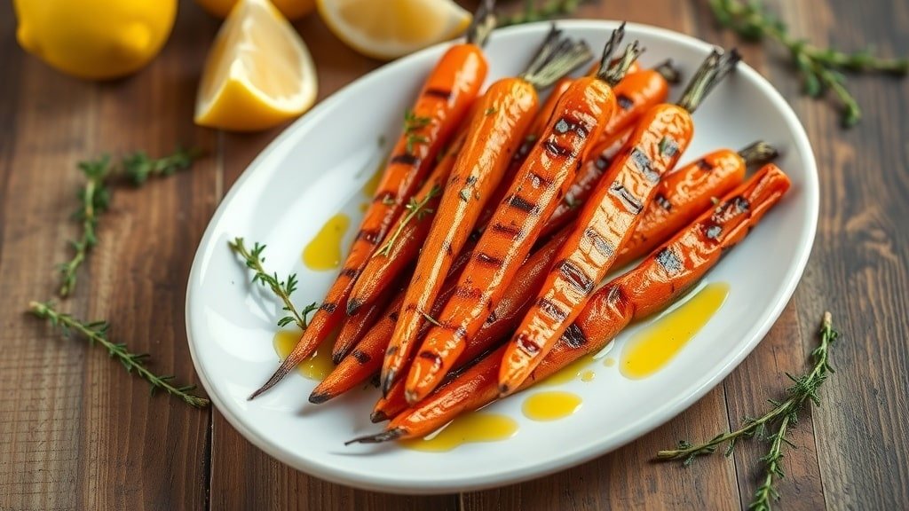 Grilled lemon thyme carrots on a plate, garnished with thyme and lemon wedges, with grill marks visible.