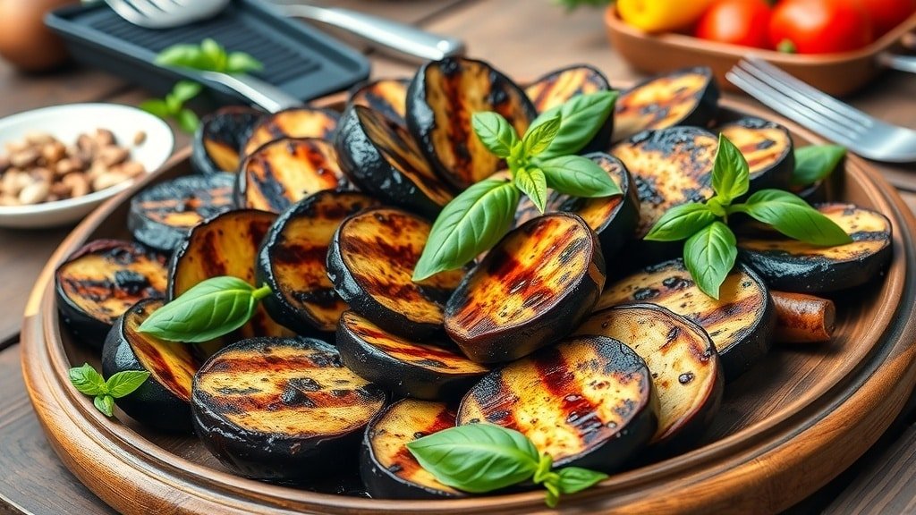 Grilled balsamic eggplant slices on a platter, garnished with basil, ready for serving at a summer barbecue.