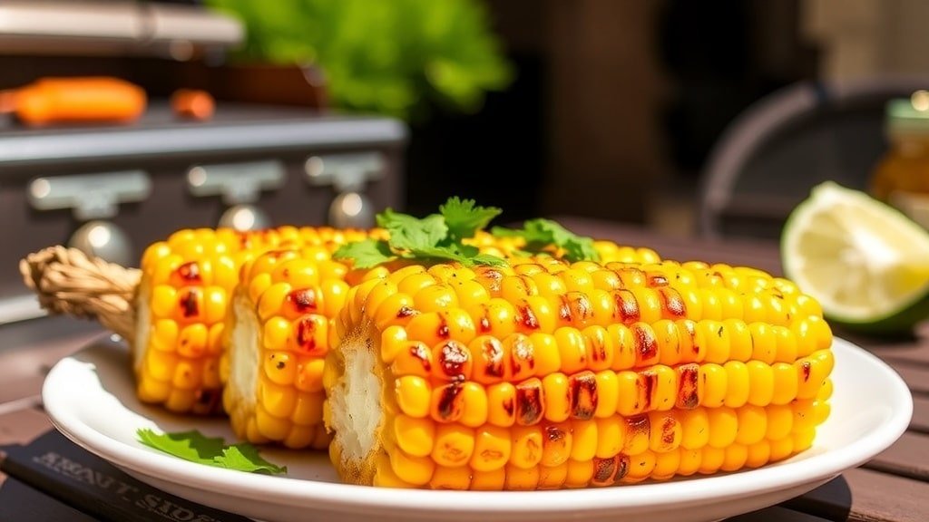 Grilled corn on the cob with honey-lime glaze and cilantro, served outdoors.