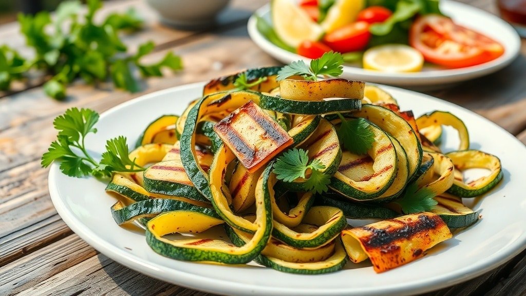 Grilled herb zucchini ribbons garnished with parsley on a rustic table.