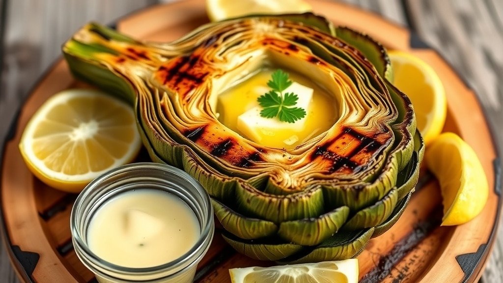 Grilled artichoke half with garlic butter and parsley on a wooden platter with lemon wedges.