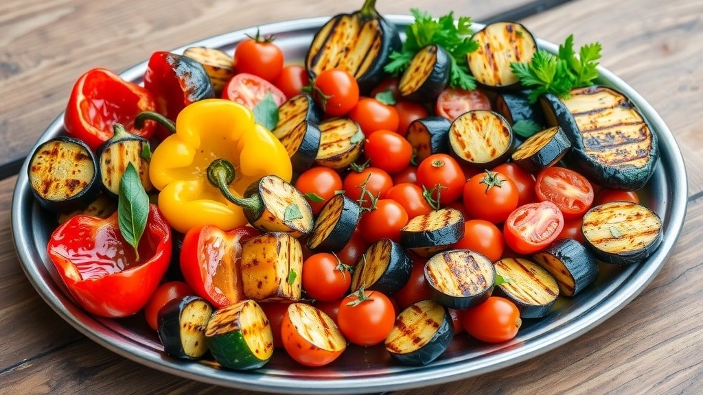 A vibrant grilled vegetable platter featuring zucchini, eggplant, bell peppers, and cherry tomatoes, garnished with herbs on a rustic table.