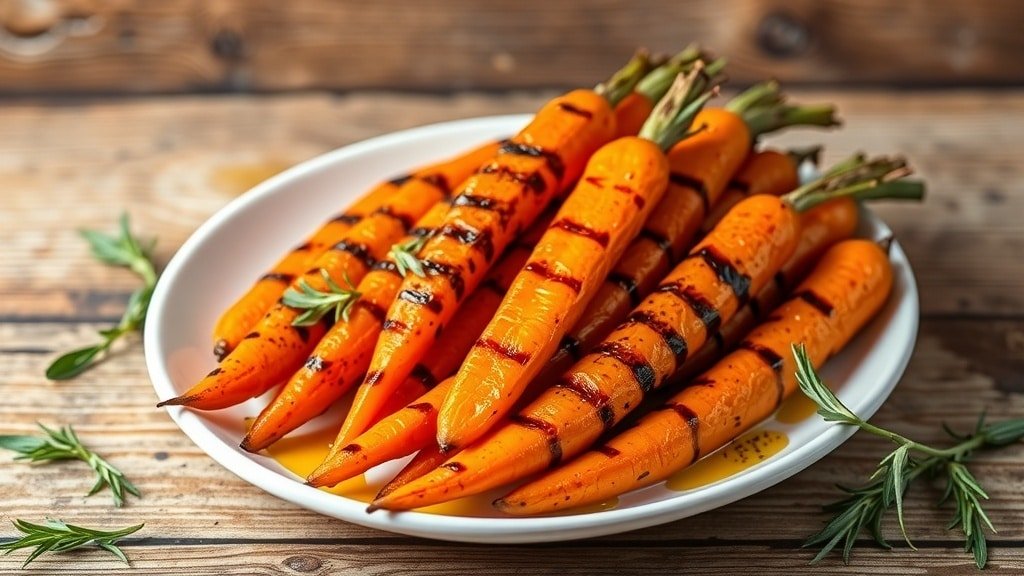 Grilled carrot spears with rosemary on a rustic plate, showcasing grill marks and vibrant colors.