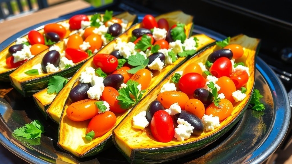 Grilled Mediterranean zucchini boats filled with tomatoes, olives, and feta, garnished with parsley on a platter.