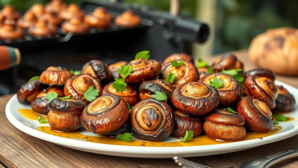Grilled garlic pepper mushrooms on a platter, garnished with parsley, set against a backdrop of a grill.