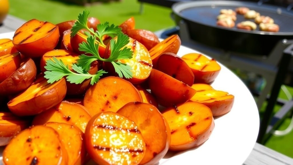 Grilled maple glazed sweet potatoes on a platter, garnished with parsley, in an outdoor grilling setting.