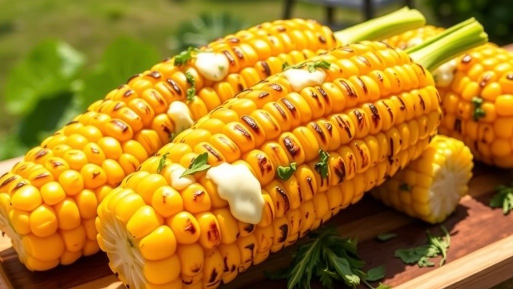 Grilled corn on the cob with garlic herb butter, garnished with herbs, on a wooden platter in an outdoor setting.