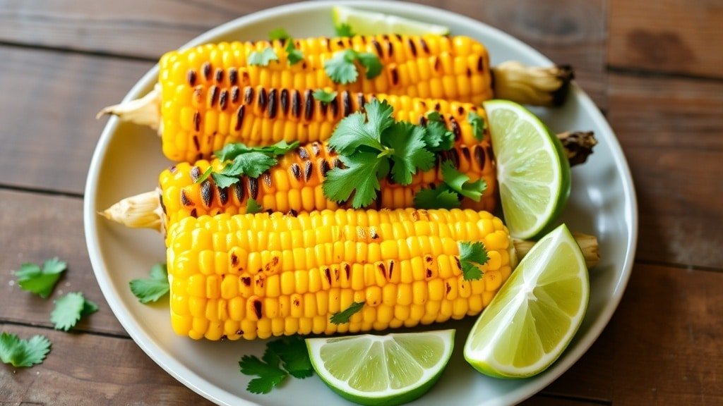 Grilled corn on the cob with chili lime butter, garnished with cilantro and lime wedges on a rustic table.