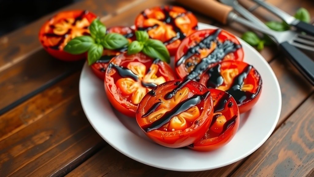 Grilled balsamic tomato halves on a plate, garnished with basil, showcasing a charred and juicy appearance.