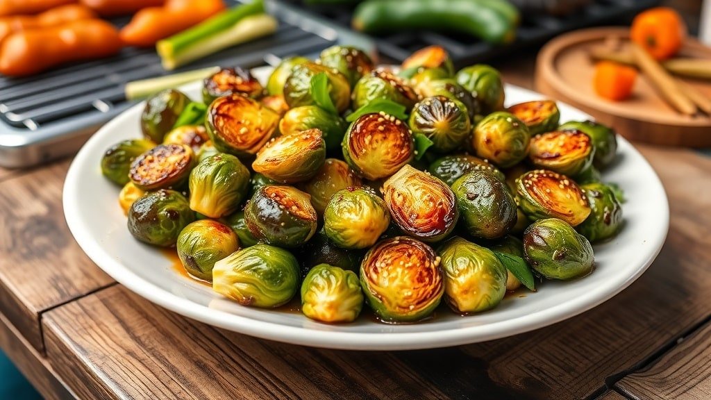 Grilled honey garlic Brussels sprouts garnished with sesame seeds and green onions on a rustic table.