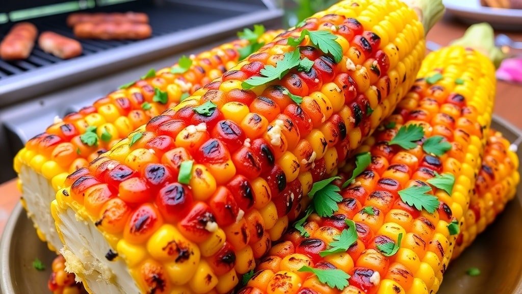Grilled corn on the cob with Cajun seasoning, garnished with parsley, on a summer barbecue grill.