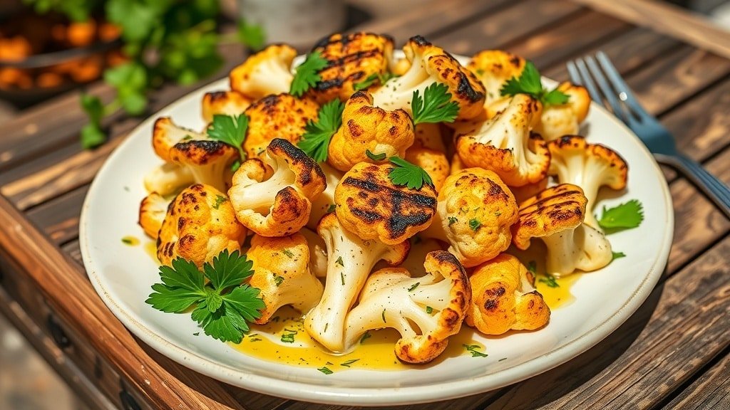 Grilled herb cauliflower florets garnished with parsley on a rustic table.