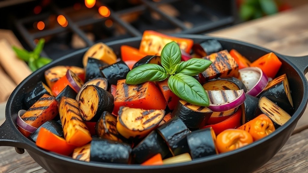 A grilled vegetable skillet with zucchini, eggplant, bell peppers, and red onion, garnished with basil, set in an outdoor grilling environment.