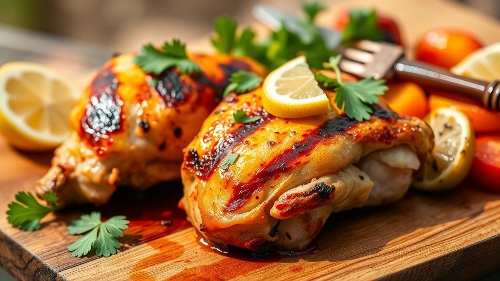 Grilled lemon garlic chicken thigh garnished with parsley and lemon, served with grilled vegetables.