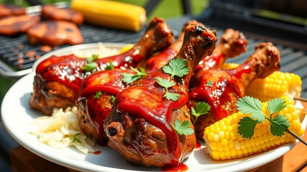 Grilled BBQ chicken drumsticks on a plate with barbecue sauce and parsley, served with coleslaw and corn.