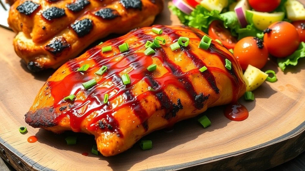 Grilled honey sriracha chicken on a wooden plate with green onions and grilled vegetables.