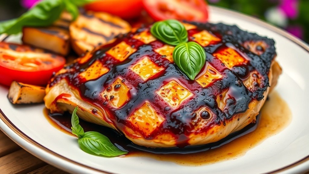 Grilled balsamic chicken breast on a plate with fresh basil and grilled vegetables.