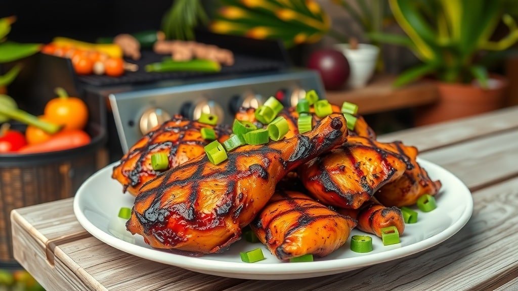 Grilled Jamaican jerk chicken on a plate, garnished with green onions, with a grill in the background.