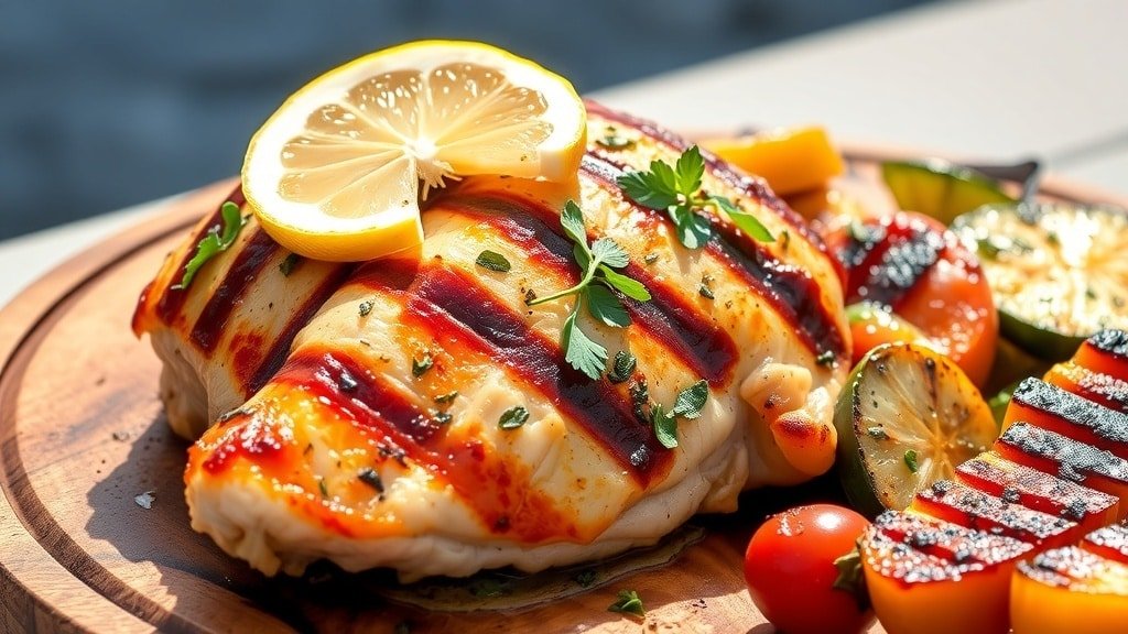 Grilled lemon oregano chicken breast garnished with lemon slices, served with grilled vegetables.
