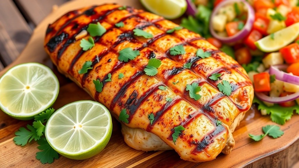 Grilled chicken breast with garlic and lime, garnished with cilantro, served with lime wedges and salad.