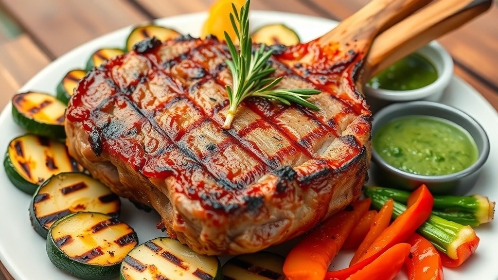 Grilled lamb chop garnished with rosemary and served with grilled vegetables and mint sauce on a rustic table.