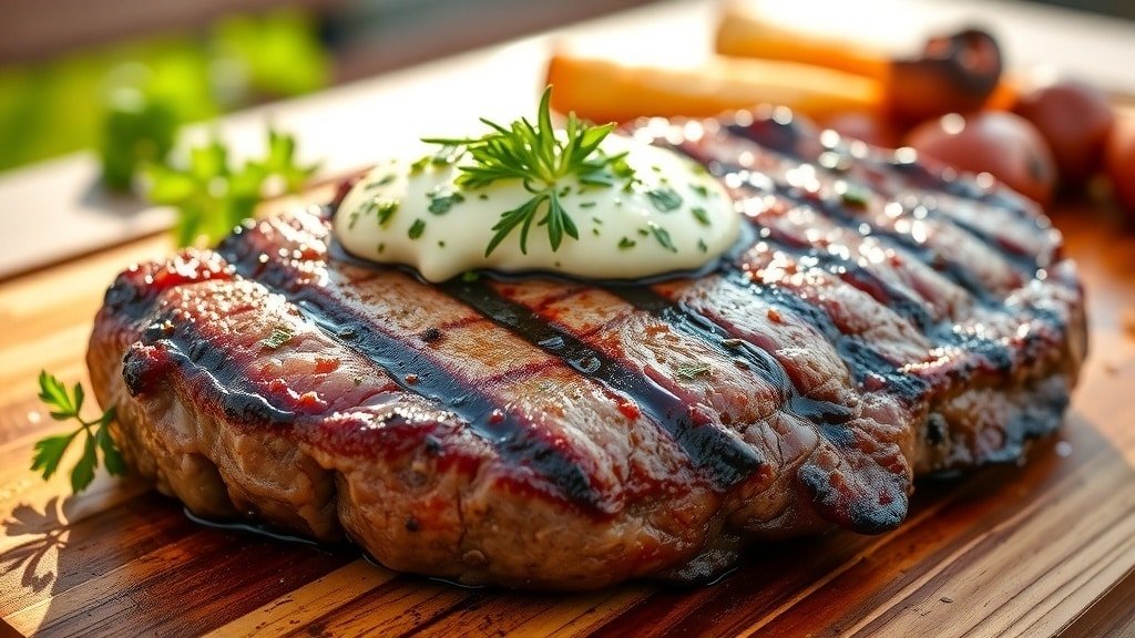 Grilled ribeye steak with herb butter on a cutting board, surrounded by grilled vegetables.