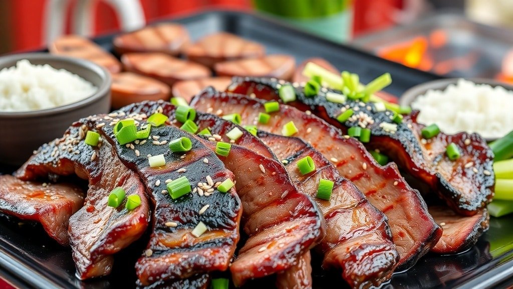 Grilled Korean BBQ beef slices garnished with green onions and sesame seeds, served with rice and vegetables.