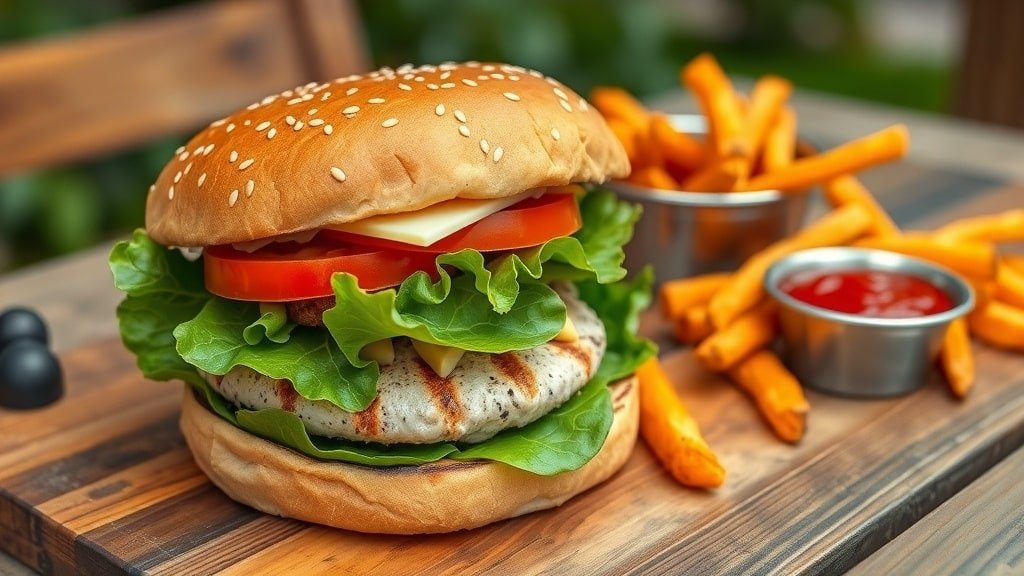 A grilled turkey burger with lettuce and tomato on a bun, served with sweet potato fries.