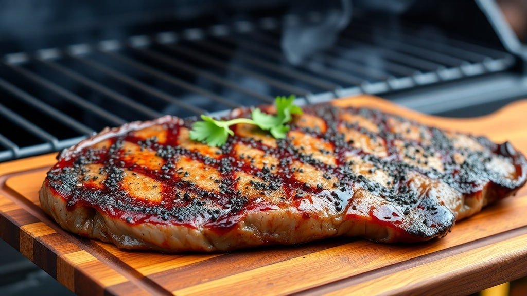 Grilled peppercorn steak on a cutting board, garnished with parsley, with a grill in the background.