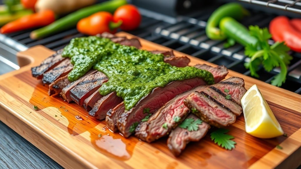 Grilled flank steak with chimichurri sauce on a cutting board, garnished with herbs and lemon.