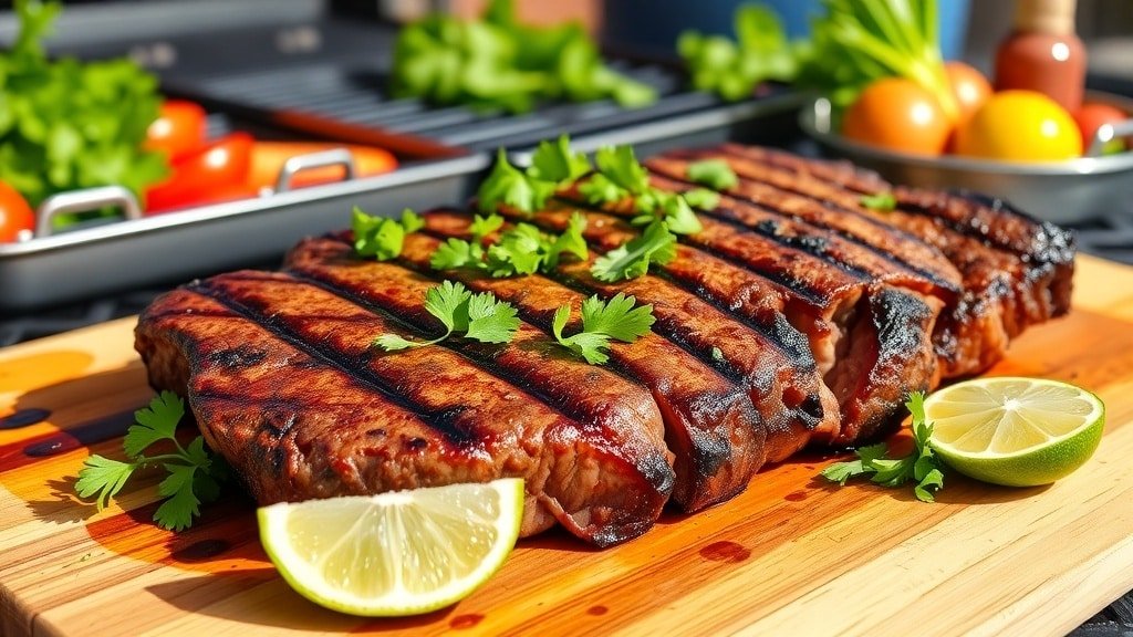 Grilled garlic lime steak on a cutting board with cilantro and lime, ready to serve outdoors.