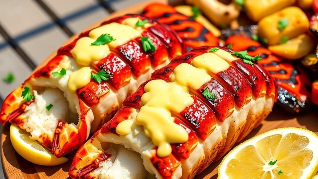 Grilled lobster tails with lemon butter on a wooden platter, garnished with parsley and lemon wedges.