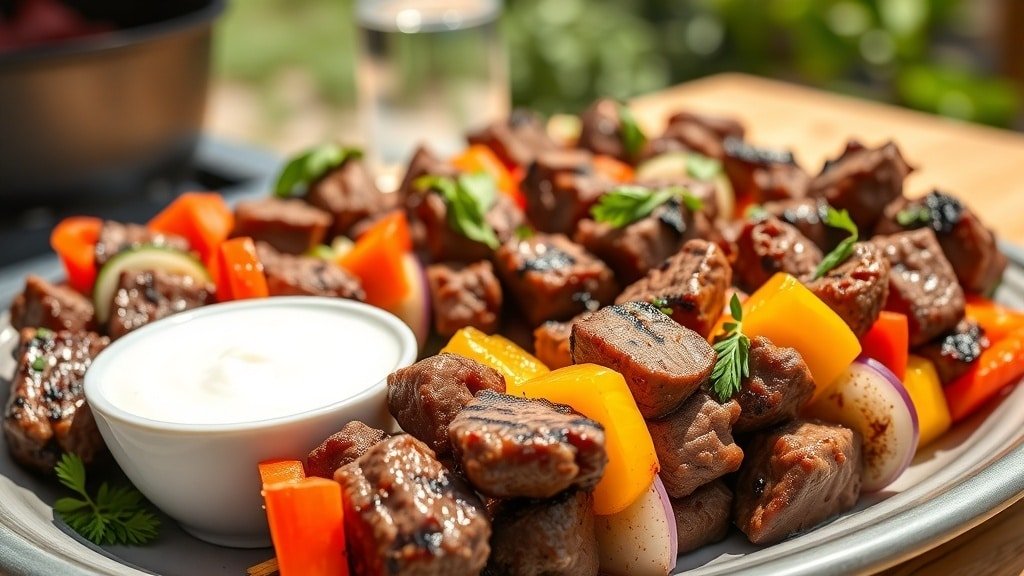 Grilled beef skewers with bell peppers and onions served with tzatziki sauce on a sunny outdoor table.