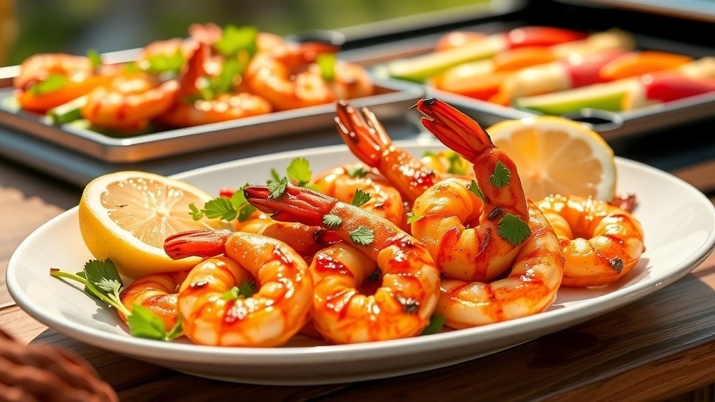 Grilled garlic chili shrimp on a plate with parsley and lemon wedges, set in an outdoor grilling scene.