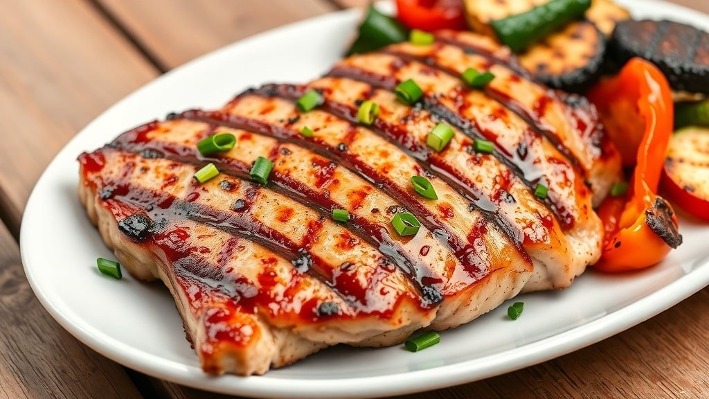 Grilled honey garlic tuna steak on a plate with green onions and grilled vegetables.