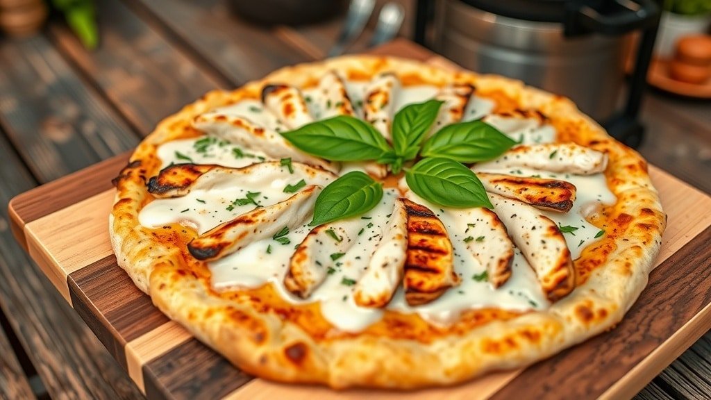 Grilled chicken Alfredo pizza with creamy sauce, grilled chicken, and fresh basil on a wooden board.