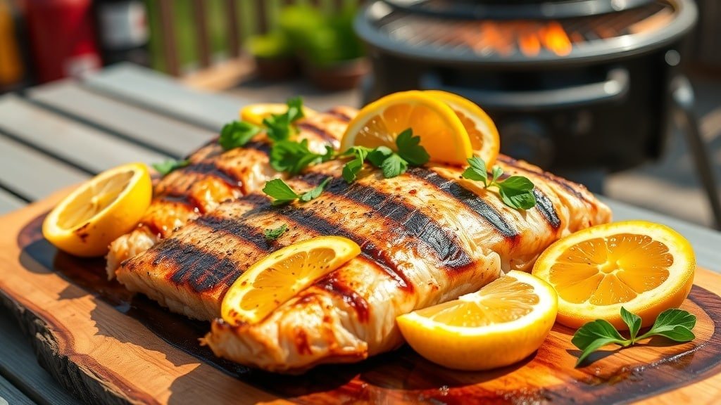 Grilled fish fillet garnished with herbs and citrus slices on a wooden platter in an outdoor setting.