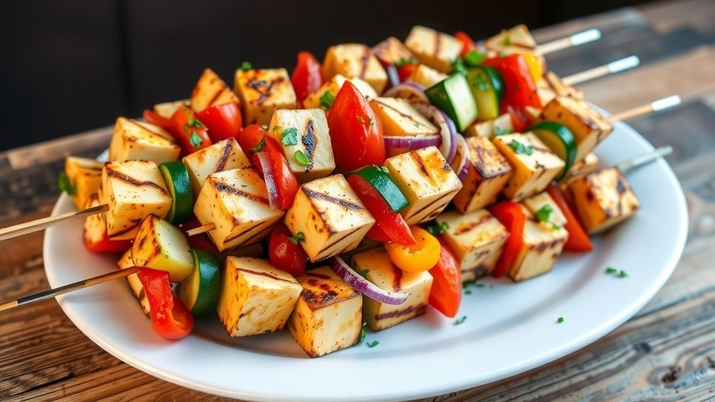 Grilled halloumi skewers with bell peppers and zucchini on a wooden platter.