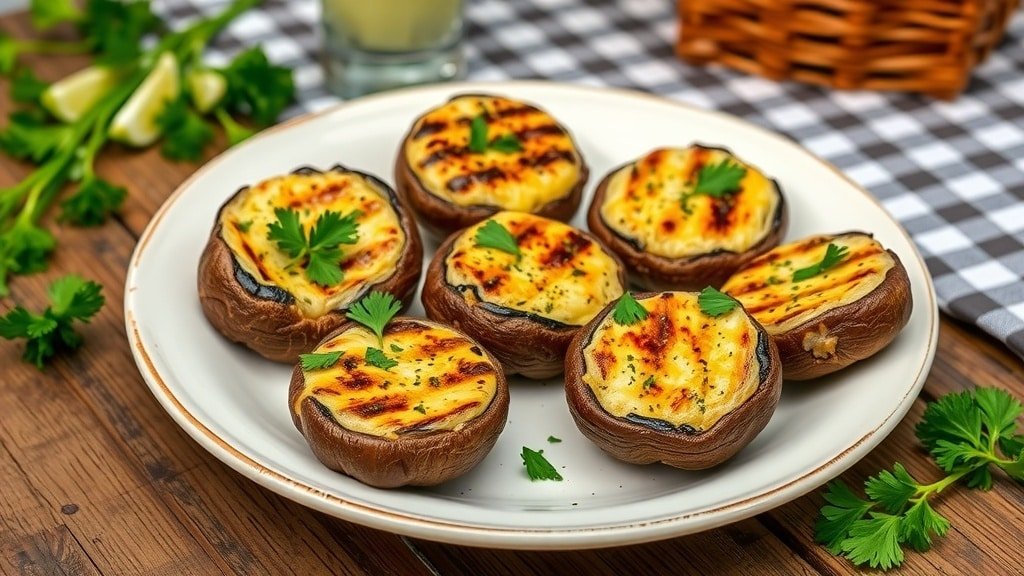 Grilled stuffed portobello caps filled with cheese and herbs on a rustic table.