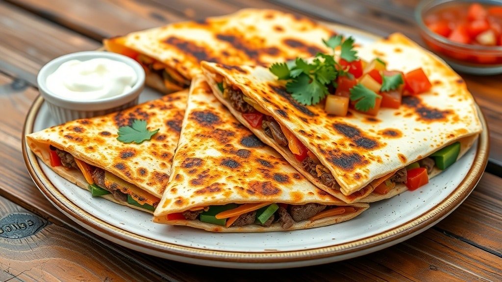 Grilled steak quesadillas with melted cheese and vegetables, served with sour cream and salsa on a wooden table.