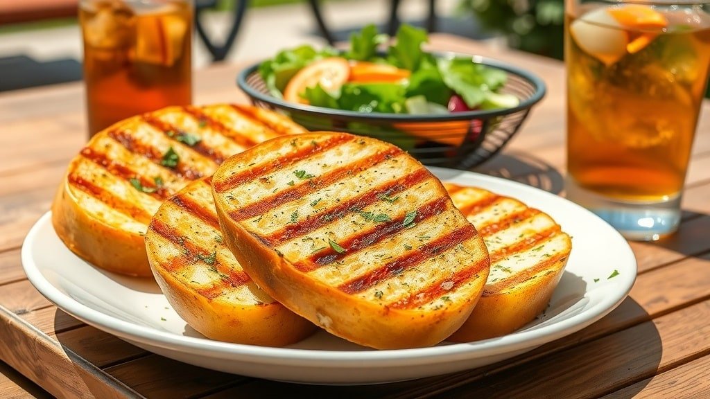 Grilled garlic herb bread on a plate, garnished with parsley, served with salad and iced tea on a sunny patio.
