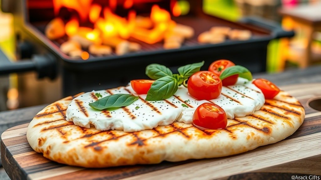 Grilled flatbread with ricotta cheese and fresh herbs on a wooden board, with a grill in the background.