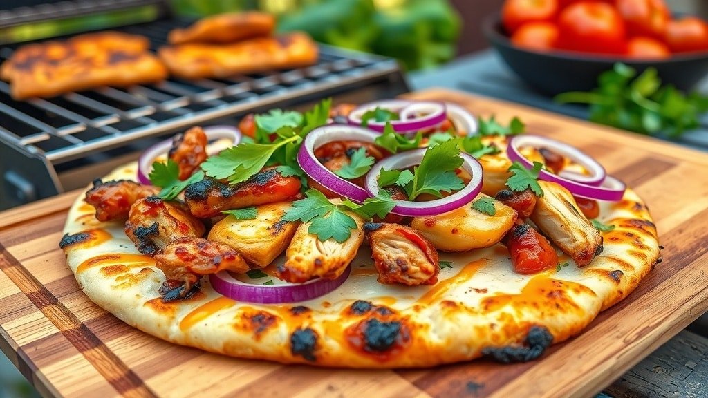 Grilled BBQ chicken flatbread with cheese, onions, and cilantro on a wooden board.