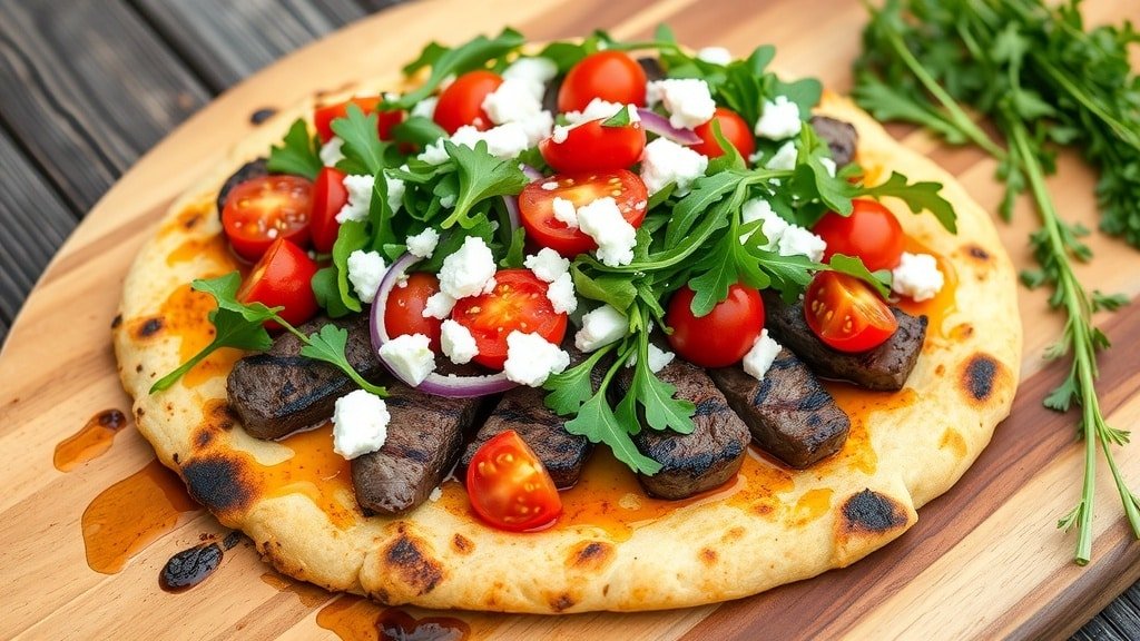 Grilled steak flatbread topped with arugula, tomatoes, onions, and feta on a wooden board.