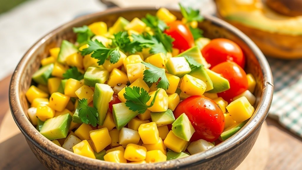 A vibrant Grilled Corn and Avocado Salad with corn, avocado, tomatoes, and cilantro in a rustic bowl.
