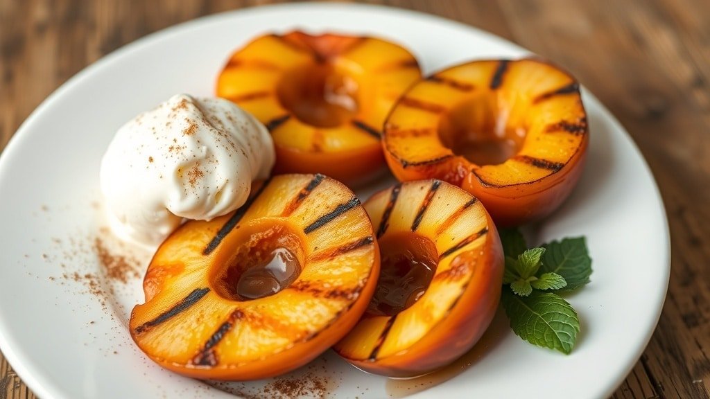Grilled cinnamon sugar peaches with vanilla ice cream on a rustic plate.