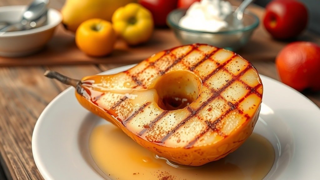 Grilled honey glazed pear half with cinnamon on a rustic plate, served with ice cream.