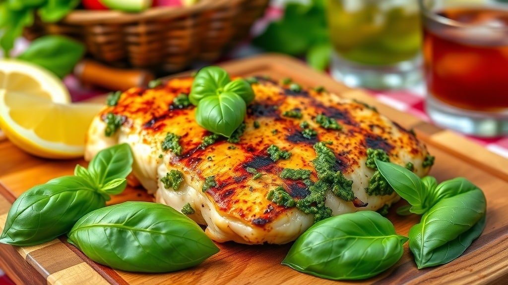 Grilled pesto chicken breast garnished with basil and lemon on a wooden board.