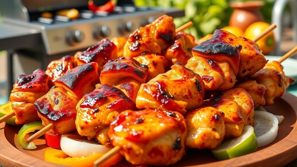 Grilled teriyaki chicken skewers with bell peppers and onions on a wooden platter, set outdoors.